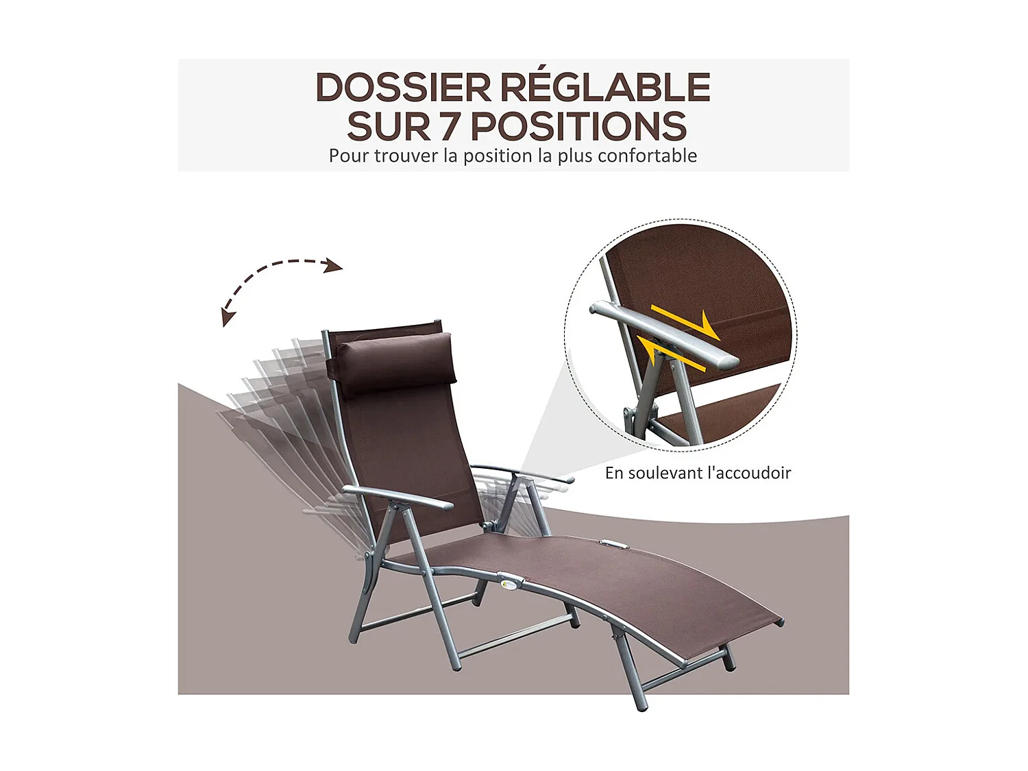 Bain de Soleil Pliable Dossier inclinable Multi-Positions têtière fournie métal époxy textilène Marron
