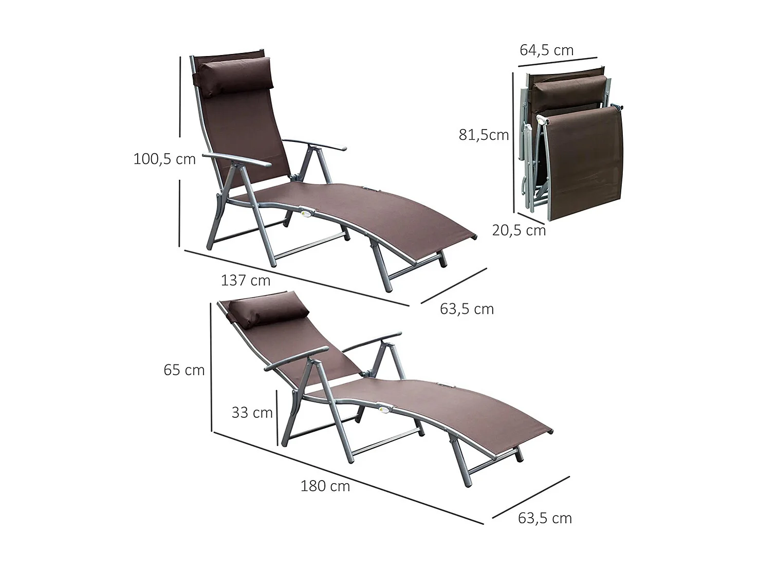 Bain de Soleil Pliable Dossier inclinable Multi-Positions têtière fournie métal époxy textilène Marron