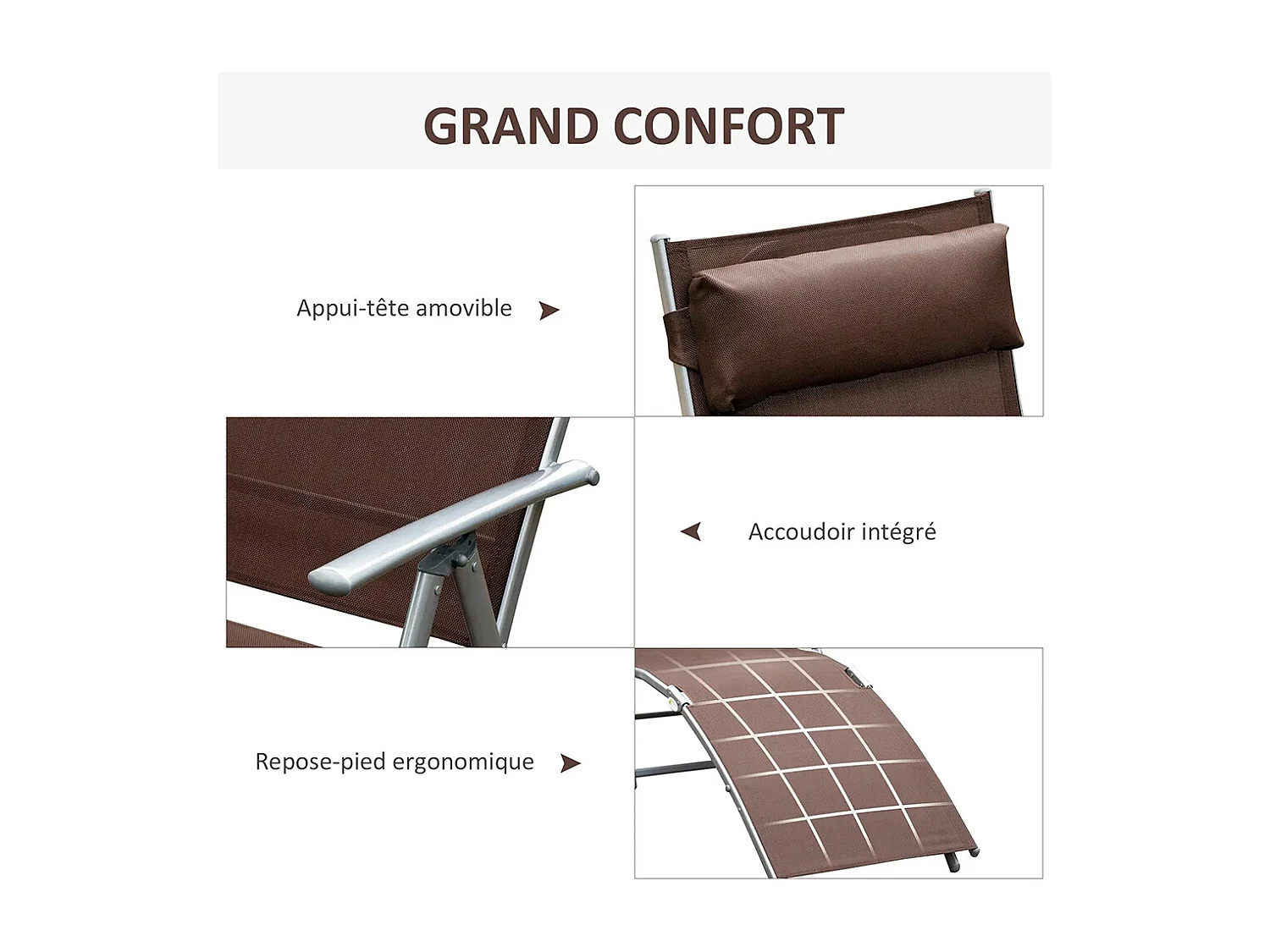Bain de Soleil Pliable Dossier inclinable Multi-Positions têtière fournie métal époxy textilène Marron