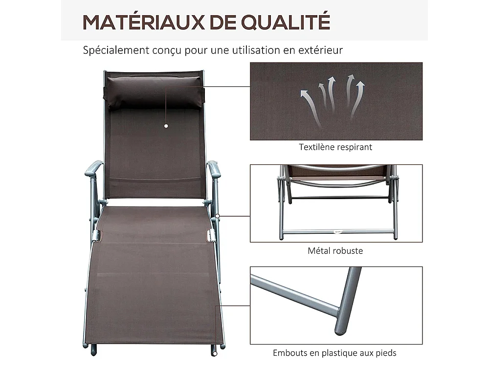 Bain de Soleil Pliable Dossier inclinable Multi-Positions têtière fournie métal époxy textilène Marron