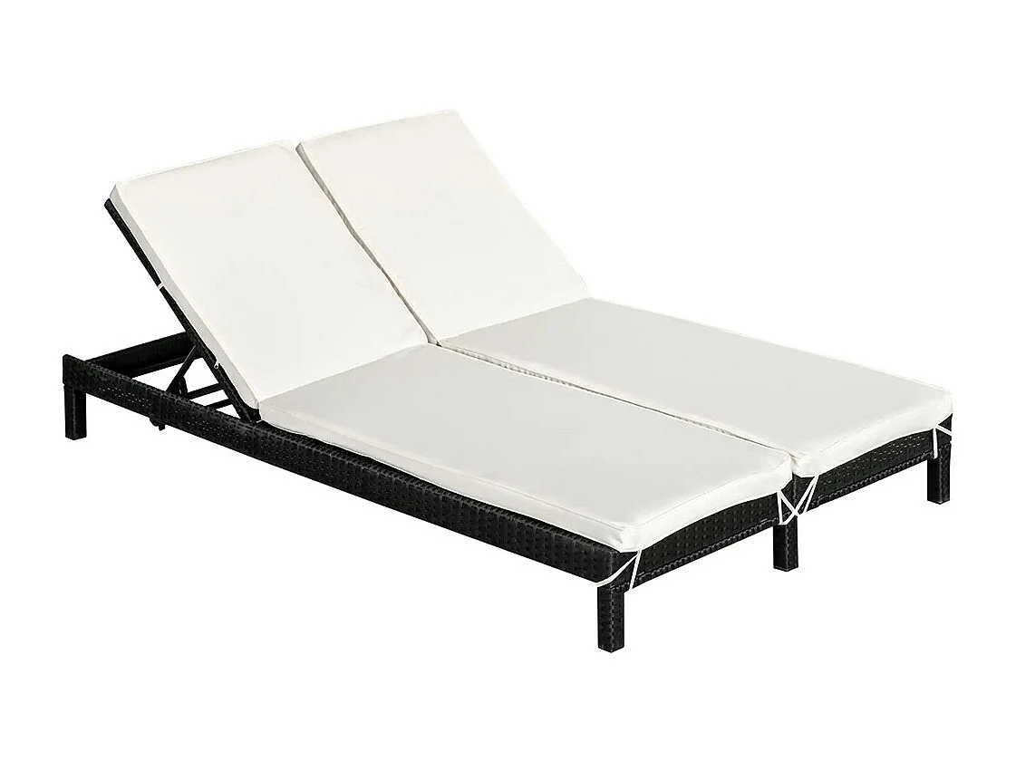 Bain de soleil transat 2 places - grand confort - dossier inclinable multi-positions - matelas fournis crème - résine tressée 4 fils noir