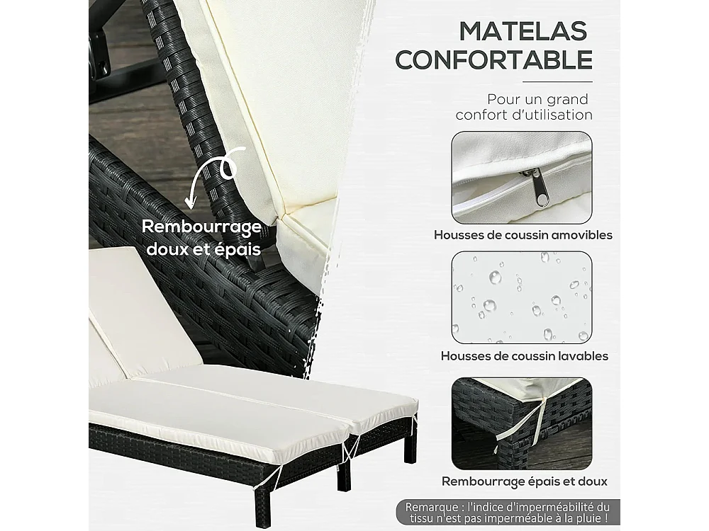 Bain de soleil transat 2 places - grand confort - dossier inclinable multi-positions - matelas fournis crème - résine tressée 4 fils noir