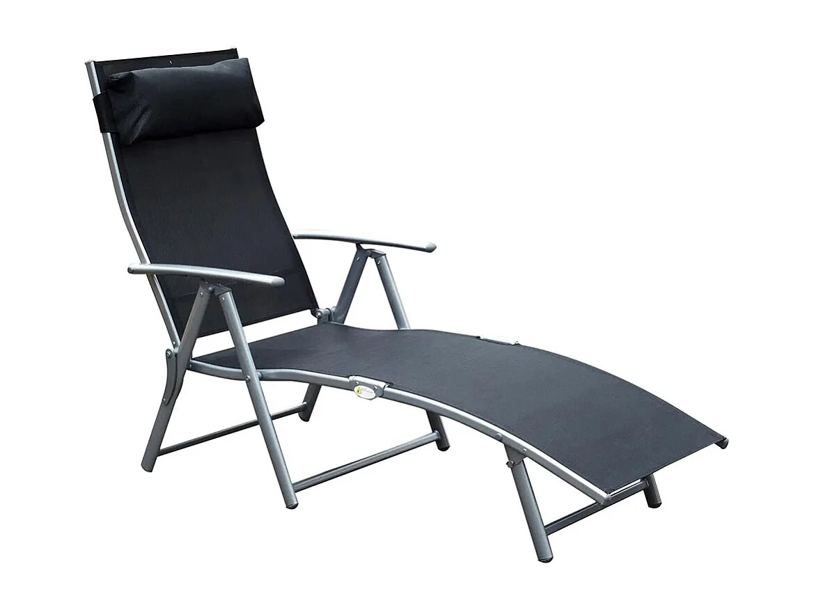Bain de Soleil Pliable Dossier inclinable Multi-Positions têtière fournie métal époxy textilène Noir