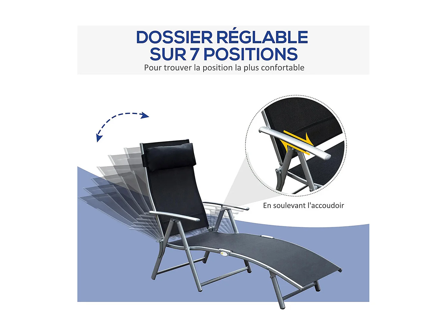 Bain de Soleil Pliable Dossier inclinable Multi-Positions têtière fournie métal époxy textilène Noir