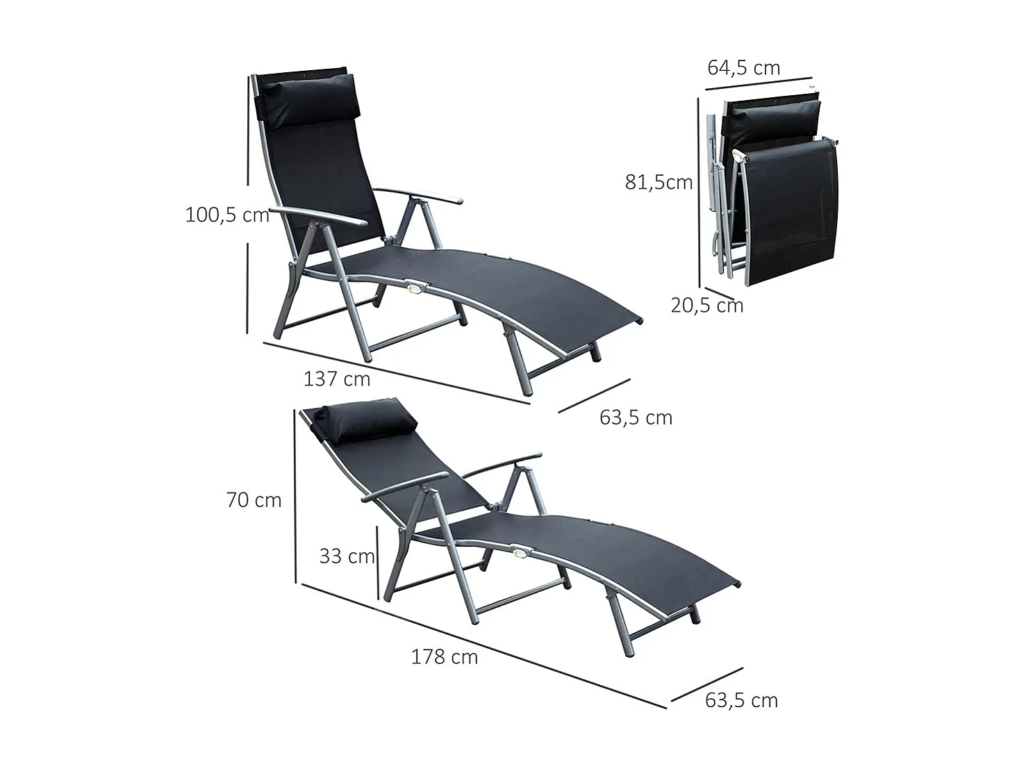 Bain de Soleil Pliable Dossier inclinable Multi-Positions têtière fournie métal époxy textilène Noir