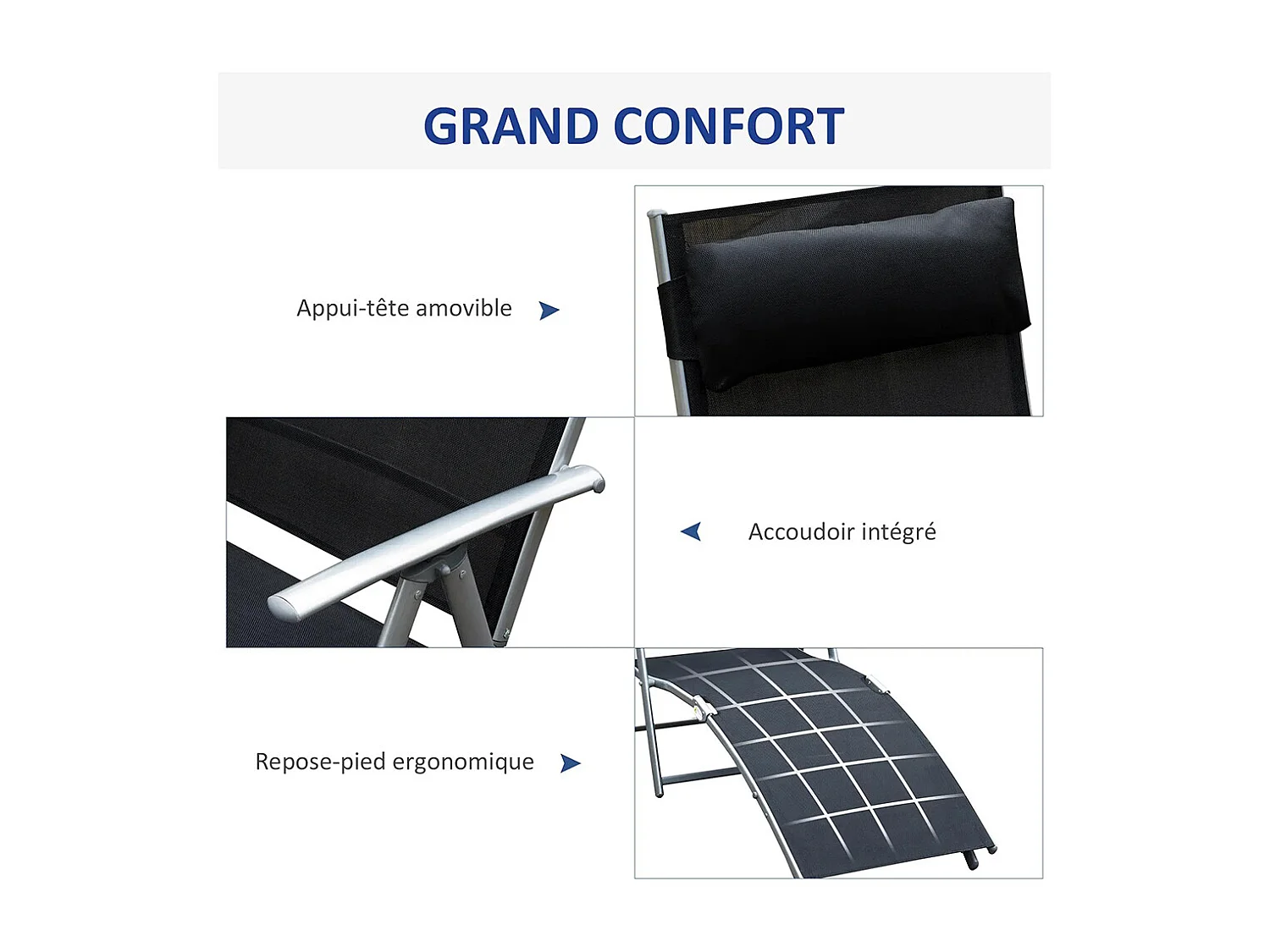 Bain de Soleil Pliable Dossier inclinable Multi-Positions têtière fournie métal époxy textilène Noir