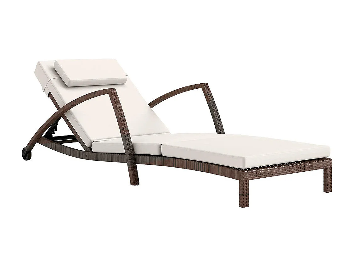 Bain de soleil chaise longue en résine tressée avec dossier réglable roulettes coussin et accoudoirs marron et beige
