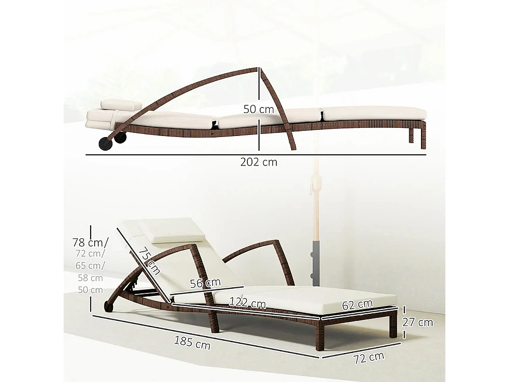 Bain de soleil chaise longue en résine tressée avec dossier réglable roulettes coussin et accoudoirs marron et beige
