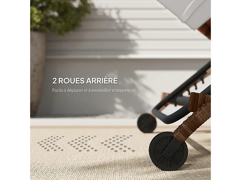 Bain de soleil chaise longue en résine tressée avec dossier réglable roulettes coussin et accoudoirs marron et beige