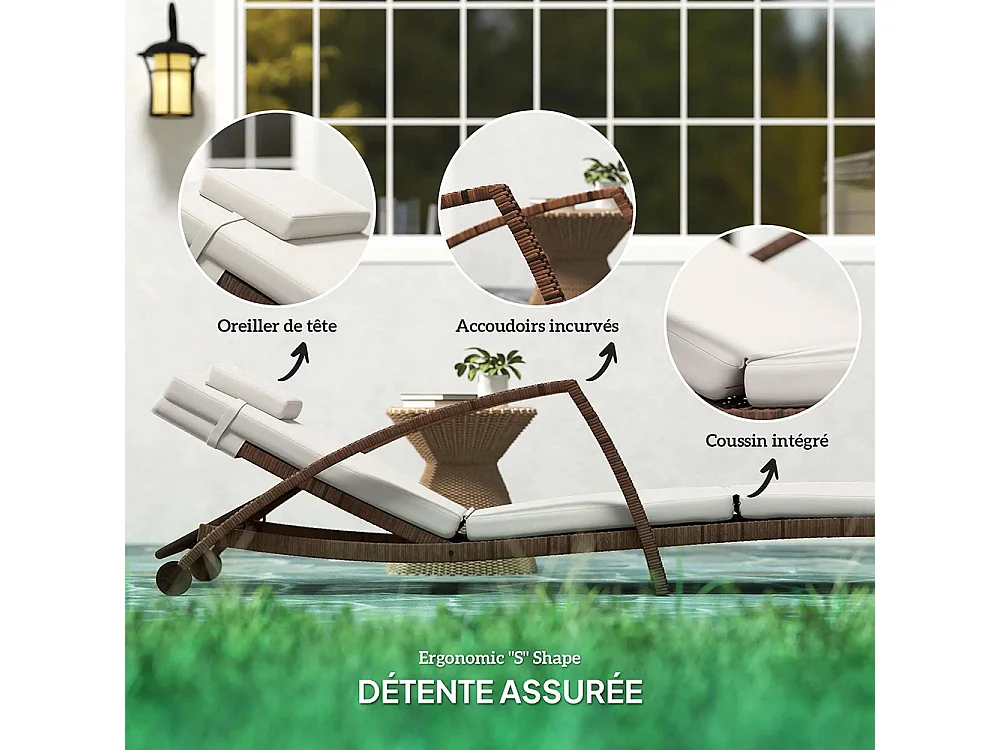 Bain de soleil chaise longue en résine tressée avec dossier réglable roulettes coussin et accoudoirs marron et beige