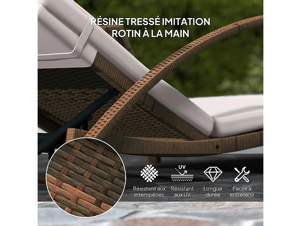 Bain de soleil chaise longue en résine tressée avec dossier réglable roulettes coussin et accoudoirs marron et beige