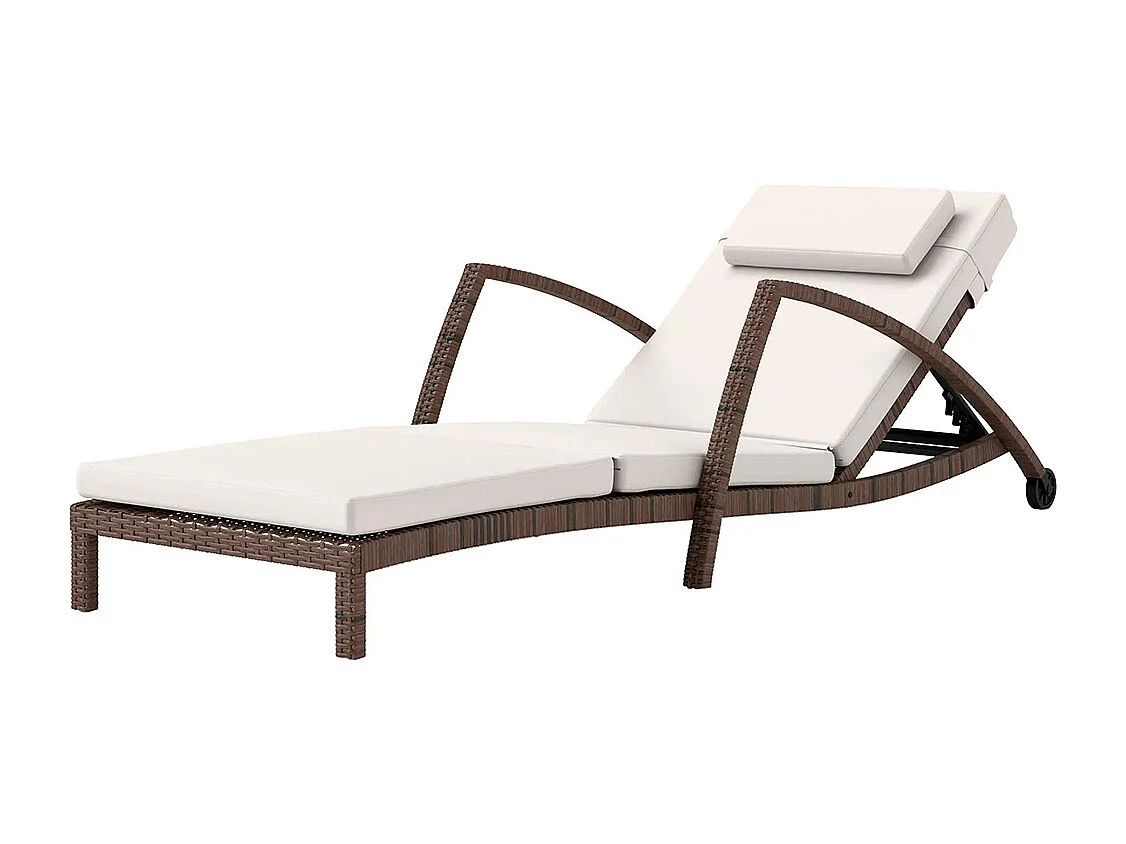 Bain de soleil chaise longue en résine tressée avec dossier réglable roulettes coussin et accoudoirs marron et beige