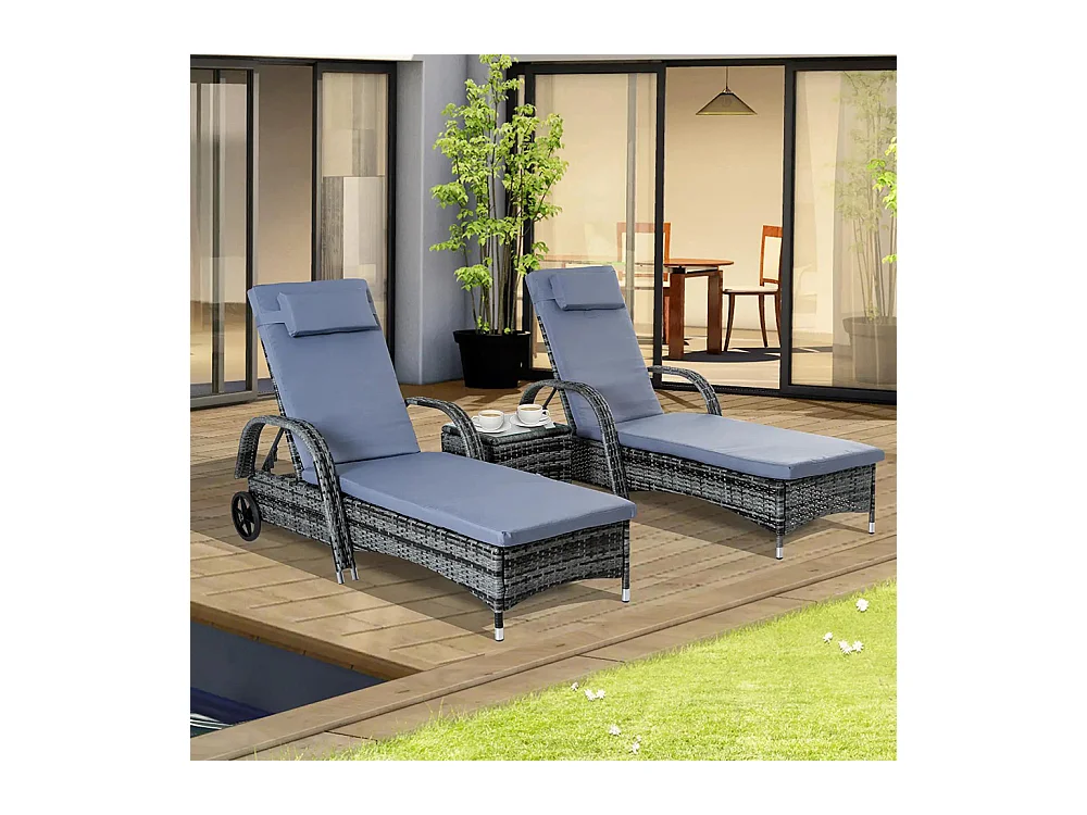 Lot de 2 bains de soleil matelas têtière inclinaison réglable multipositions accoudoirs roulettes + table basse verre trempé résine tressée gris