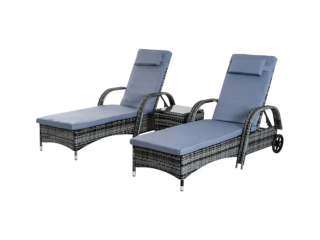 Lot de 2 bains de soleil matelas têtière inclinaison réglable multipositions accoudoirs roulettes + table basse verre trempé résine tressée gris