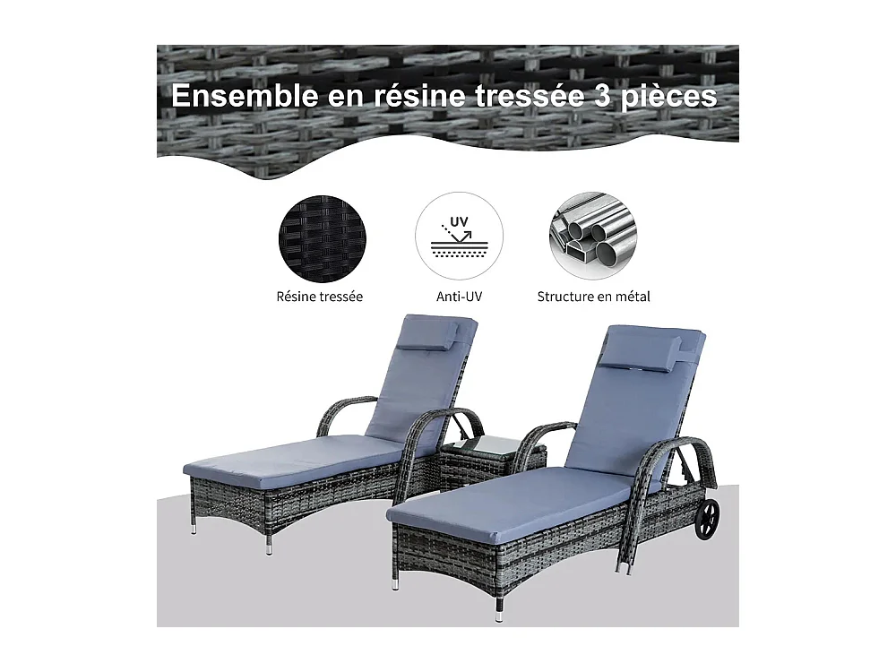 Lot de 2 bains de soleil matelas têtière inclinaison réglable multipositions accoudoirs roulettes + table basse verre trempé résine tressée gris