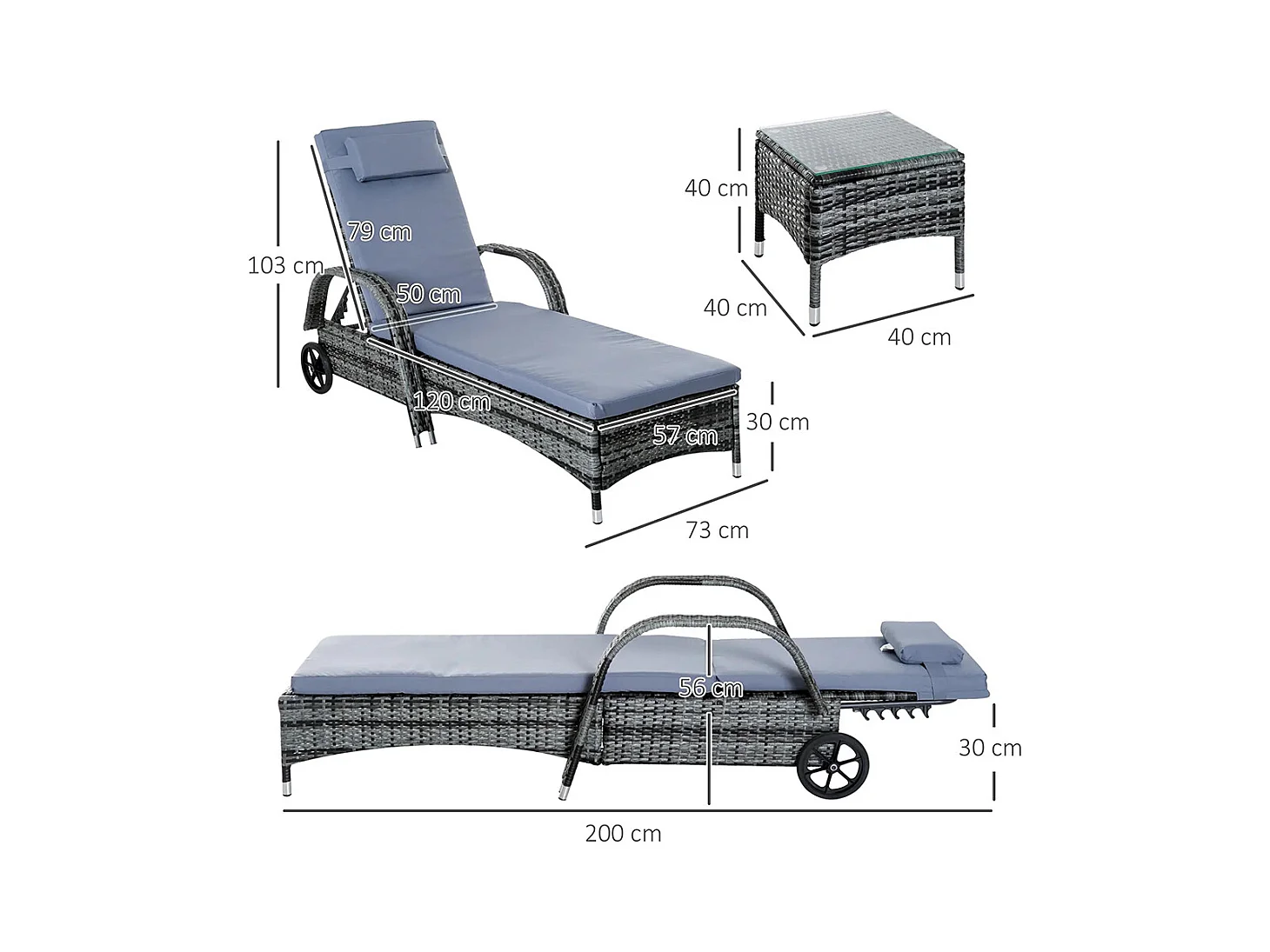 Lot de 2 bains de soleil matelas têtière inclinaison réglable multipositions accoudoirs roulettes + table basse verre trempé résine tressée gris