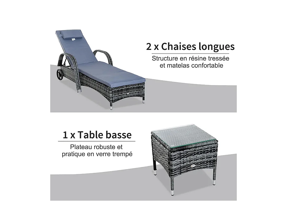Lot de 2 bains de soleil matelas têtière inclinaison réglable multipositions accoudoirs roulettes + table basse verre trempé résine tressée gris