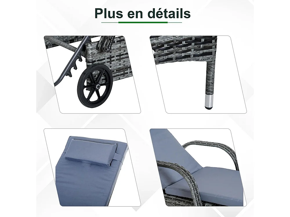 Lot de 2 bains de soleil matelas têtière inclinaison réglable multipositions accoudoirs roulettes + table basse verre trempé résine tressée gris