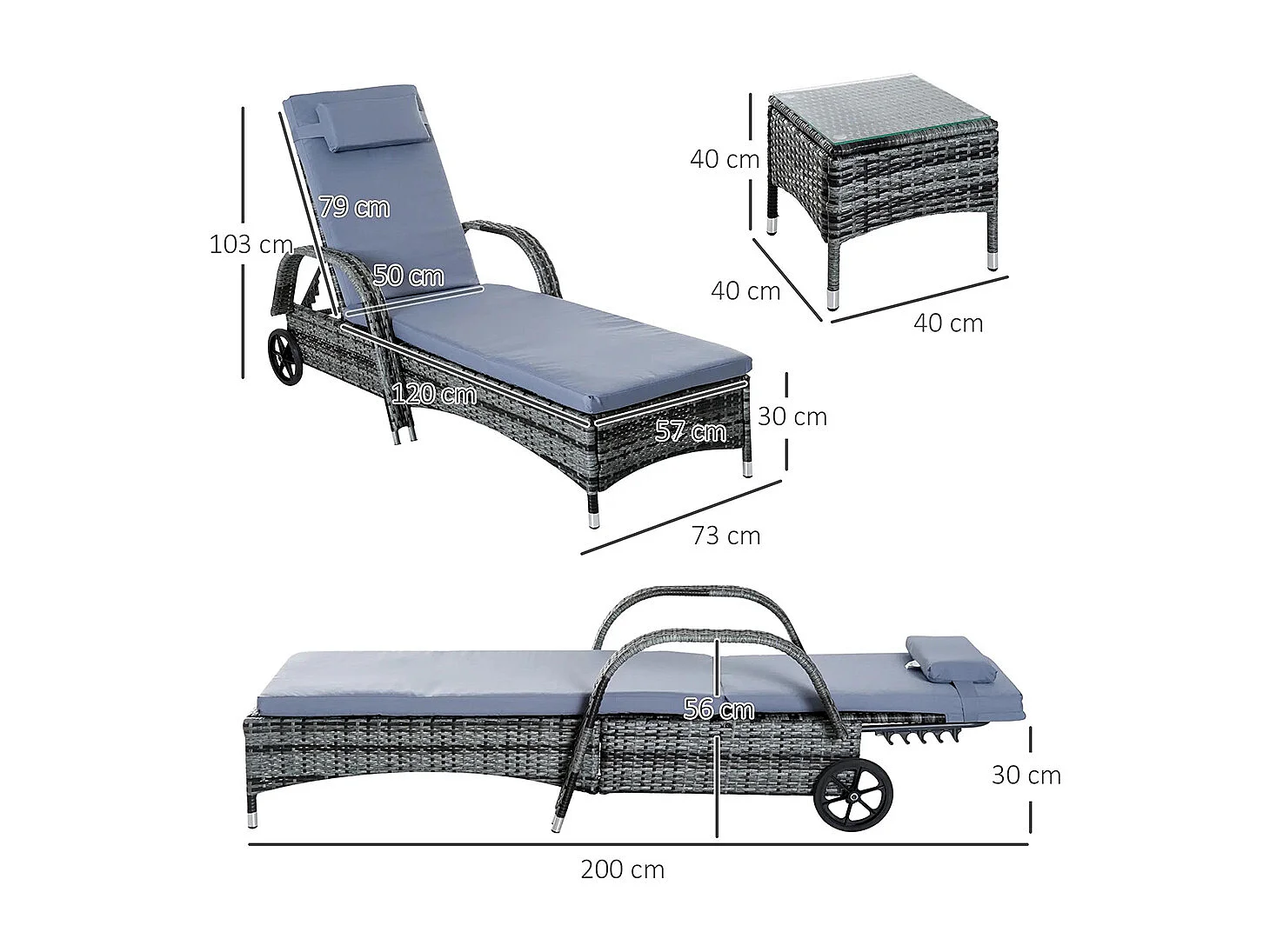 Lot de 2 bains de soleil matelas têtière inclinaison réglable multipositions accoudoirs roulettes + table basse verre trempé résine tressée gris