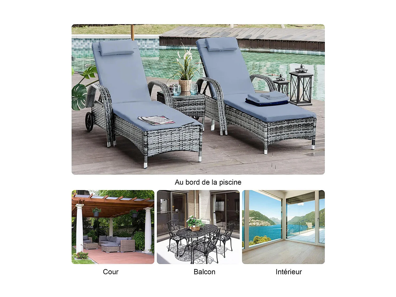 Lot de 2 bains de soleil matelas têtière inclinaison réglable multipositions accoudoirs roulettes + table basse verre trempé résine tressée gris