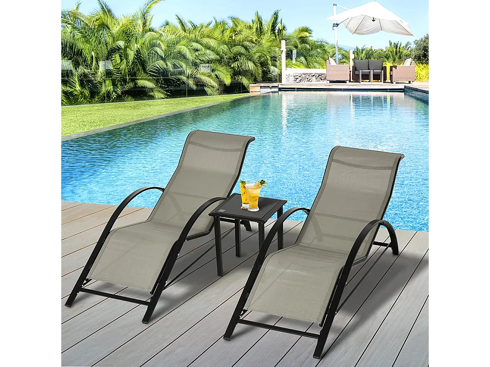Lot de 2 bains de soleil design contemporain table basse plateau verre trempé métal époxy textilène gris