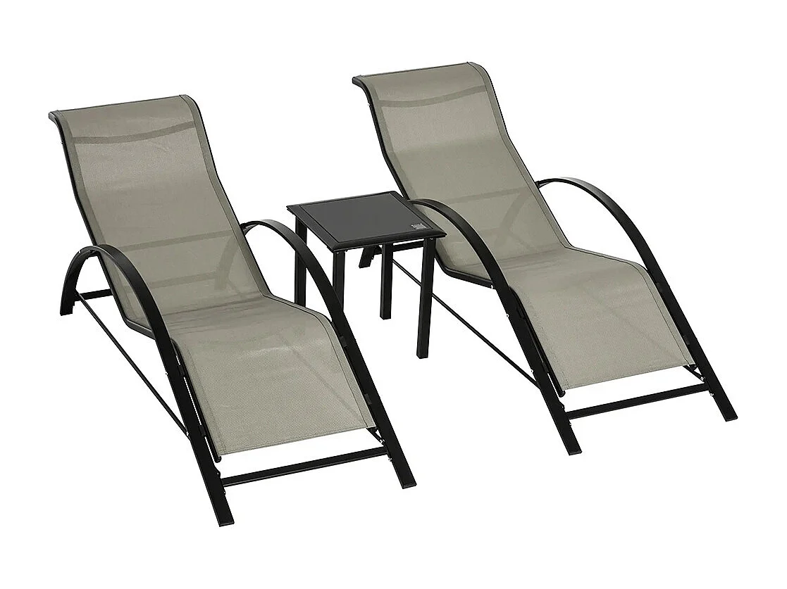 Lot de 2 bains de soleil design contemporain table basse plateau verre trempé métal époxy textilène gris