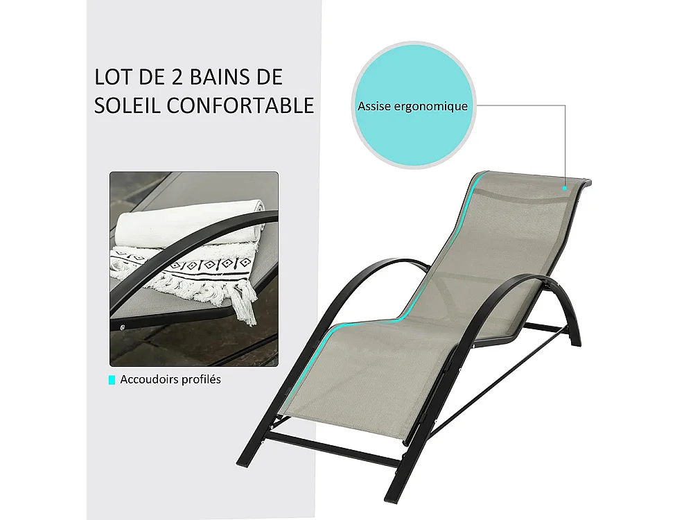 Lot de 2 bains de soleil design contemporain table basse plateau verre trempé métal époxy textilène gris