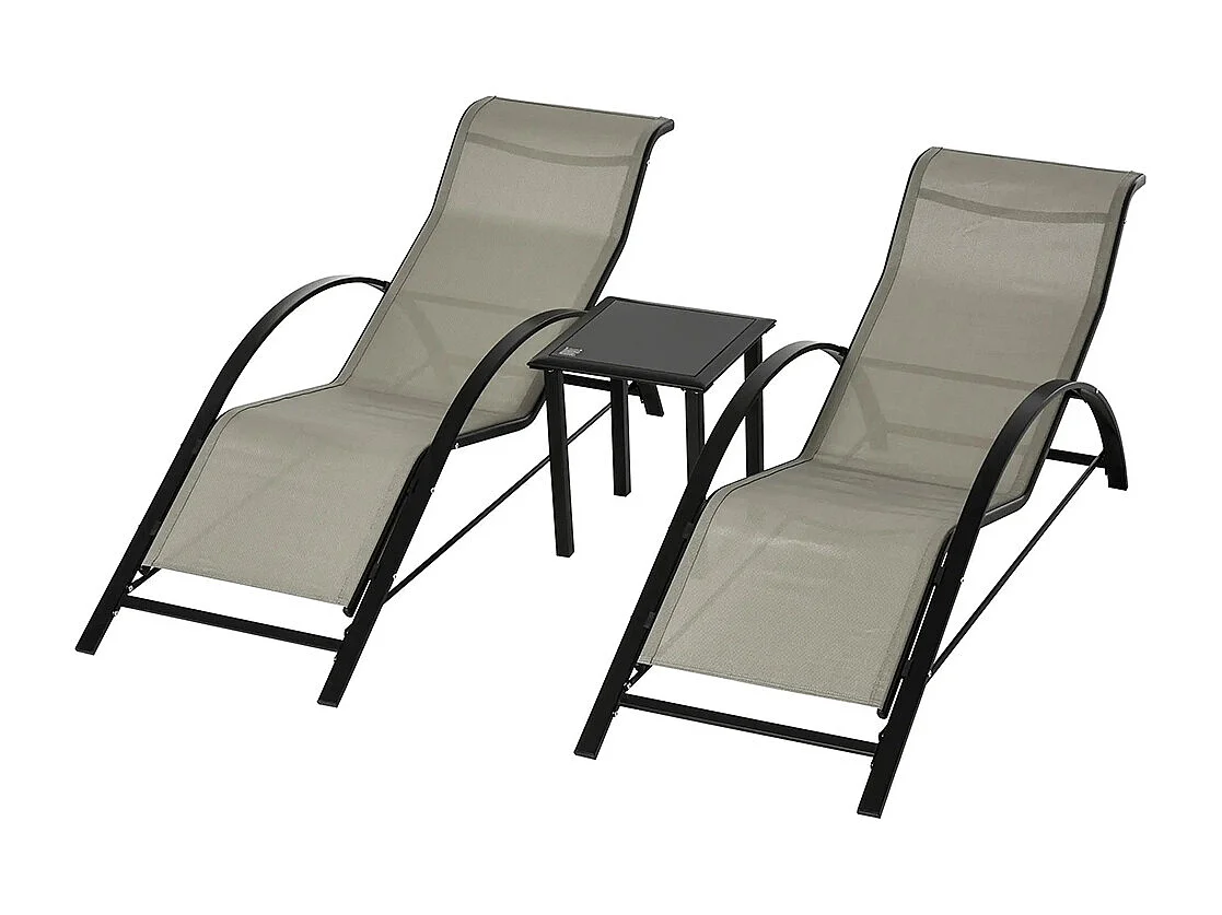 Lot de 2 bains de soleil design contemporain table basse plateau verre trempé métal époxy textilène gris