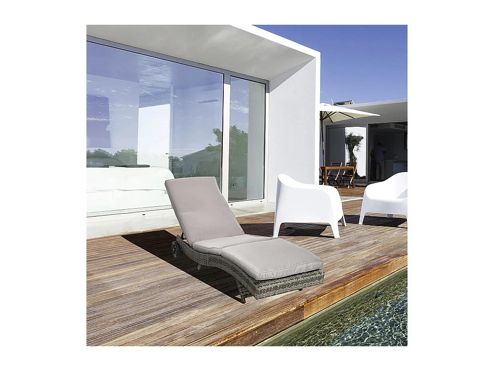 Bain de soleil transat grand confort - dossier inclinable 5 positions roulettes - matelas déhoussable inclus - résine tressée grise
