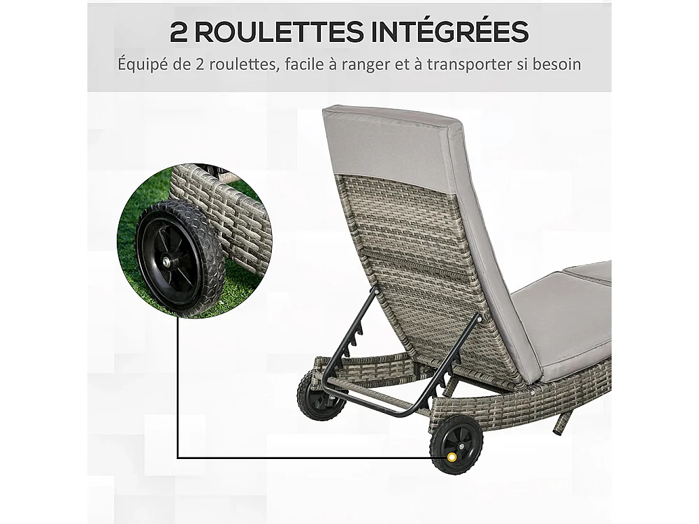 Bain de soleil transat grand confort - dossier inclinable 5 positions roulettes - matelas déhoussable inclus - résine tressée grise