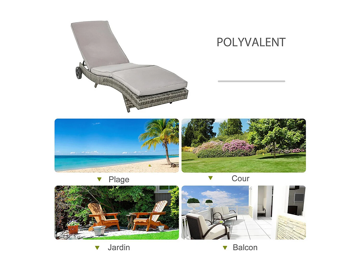 Bain de soleil transat grand confort - dossier inclinable 5 positions roulettes - matelas déhoussable inclus - résine tressée grise