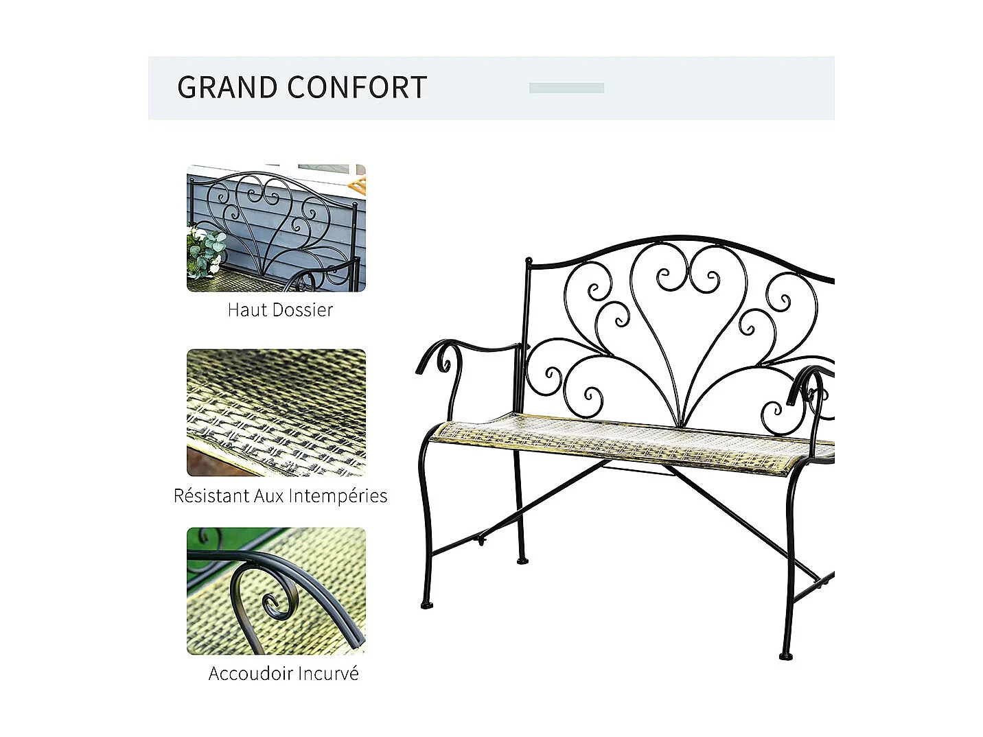 Banc de Jardin 2 places Style néo-rétro Fer forgé Lignes fuselées métal Noir doré Effet Vieilli