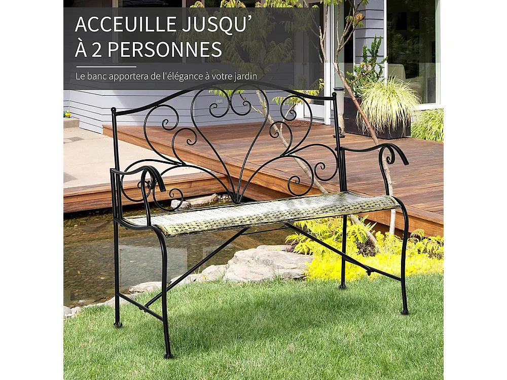 Banc de Jardin 2 places Style néo-rétro Fer forgé Lignes fuselées métal Noir doré Effet Vieilli