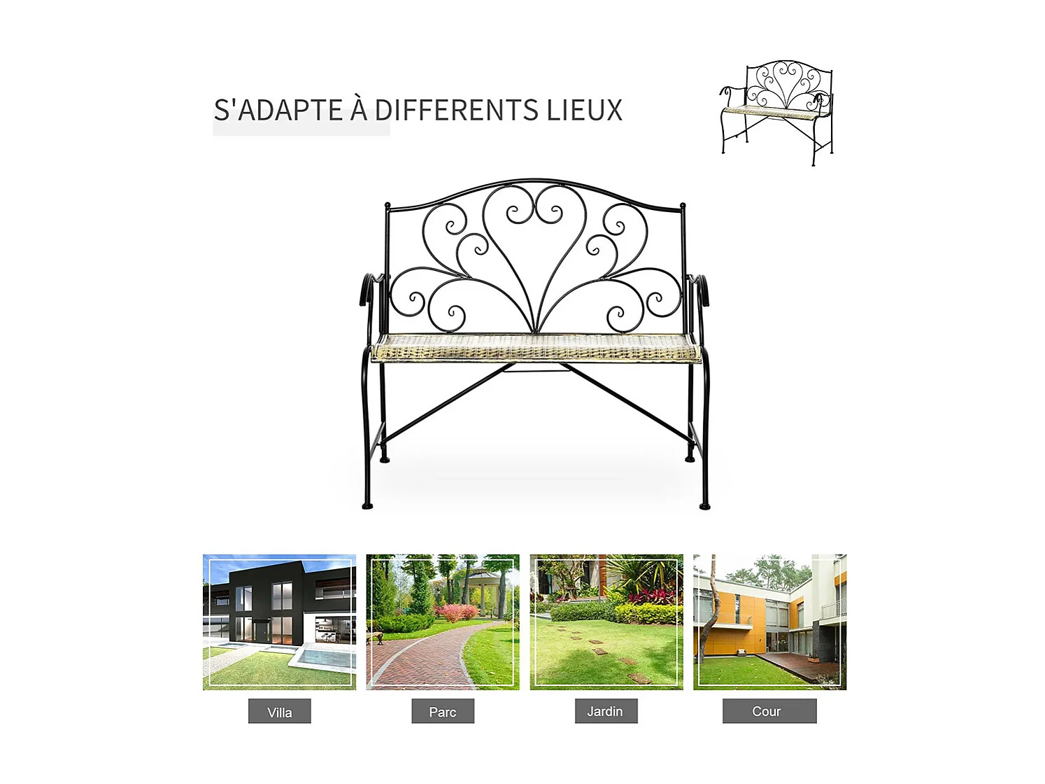 Banc de Jardin 2 places Style néo-rétro Fer forgé Lignes fuselées métal Noir doré Effet Vieilli