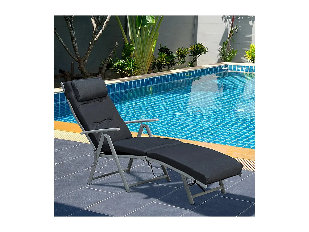 Bain de Soleil pliable transat inclinable 7 Positions Chaise Longue Grand Confort avec Matelas + accoudoirs métal époxy textilène Polyester noir