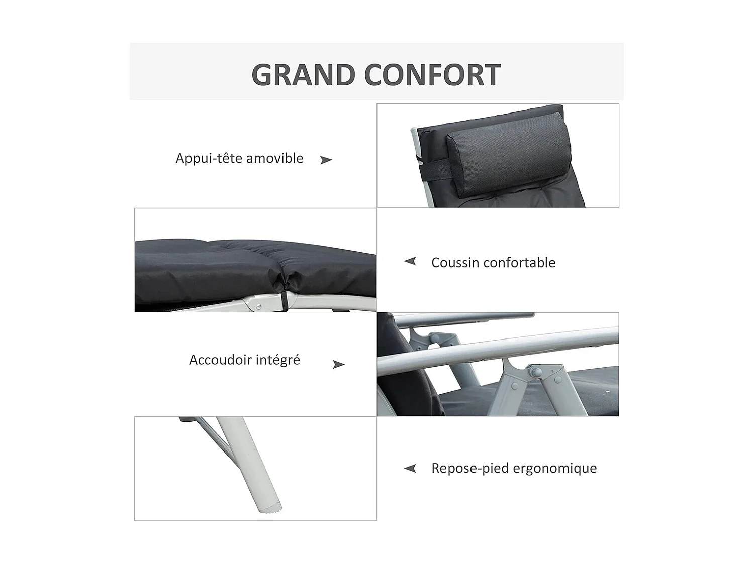 Bain de Soleil pliable transat inclinable 7 Positions Chaise Longue Grand Confort avec Matelas + accoudoirs métal époxy textilène Polyester noir