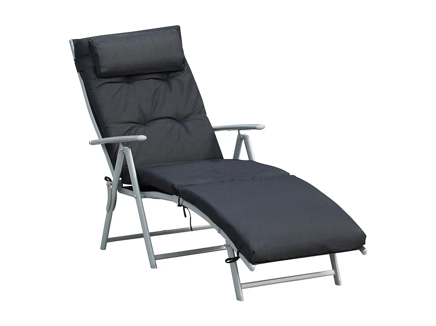 Bain de Soleil pliable transat inclinable 7 Positions Chaise Longue Grand Confort avec Matelas + accoudoirs métal époxy textilène Polyester noir