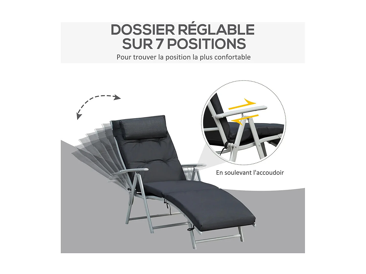 Bain de Soleil pliable transat inclinable 7 Positions Chaise Longue Grand Confort avec Matelas + accoudoirs métal époxy textilène Polyester noir