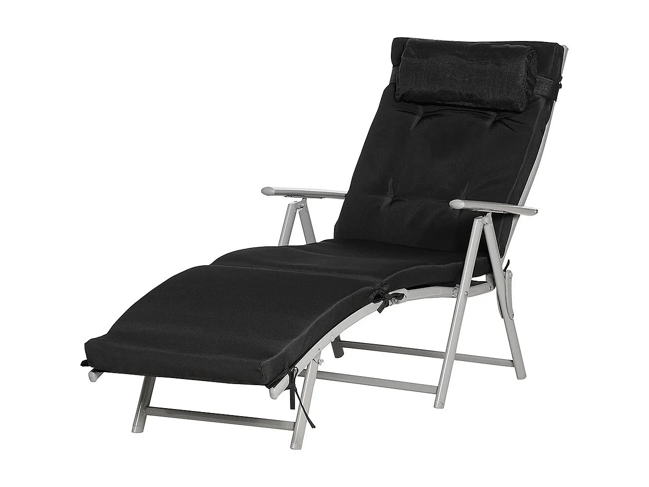 Bain de Soleil pliable transat inclinable 7 Positions Chaise Longue Grand Confort avec Matelas + accoudoirs métal époxy textilène Polyester noir