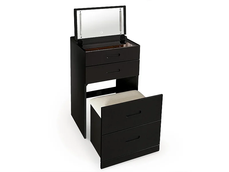 Coiffeuse compacte 48cm avec miroir LED, tiroir et pouf intégré Germina Noir