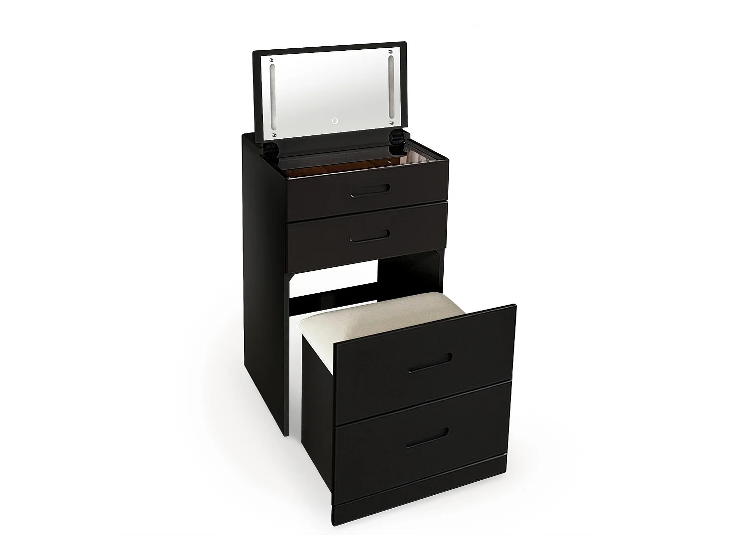 Coiffeuse compacte 48cm avec miroir LED, tiroir et pouf intégré Germina Noir
