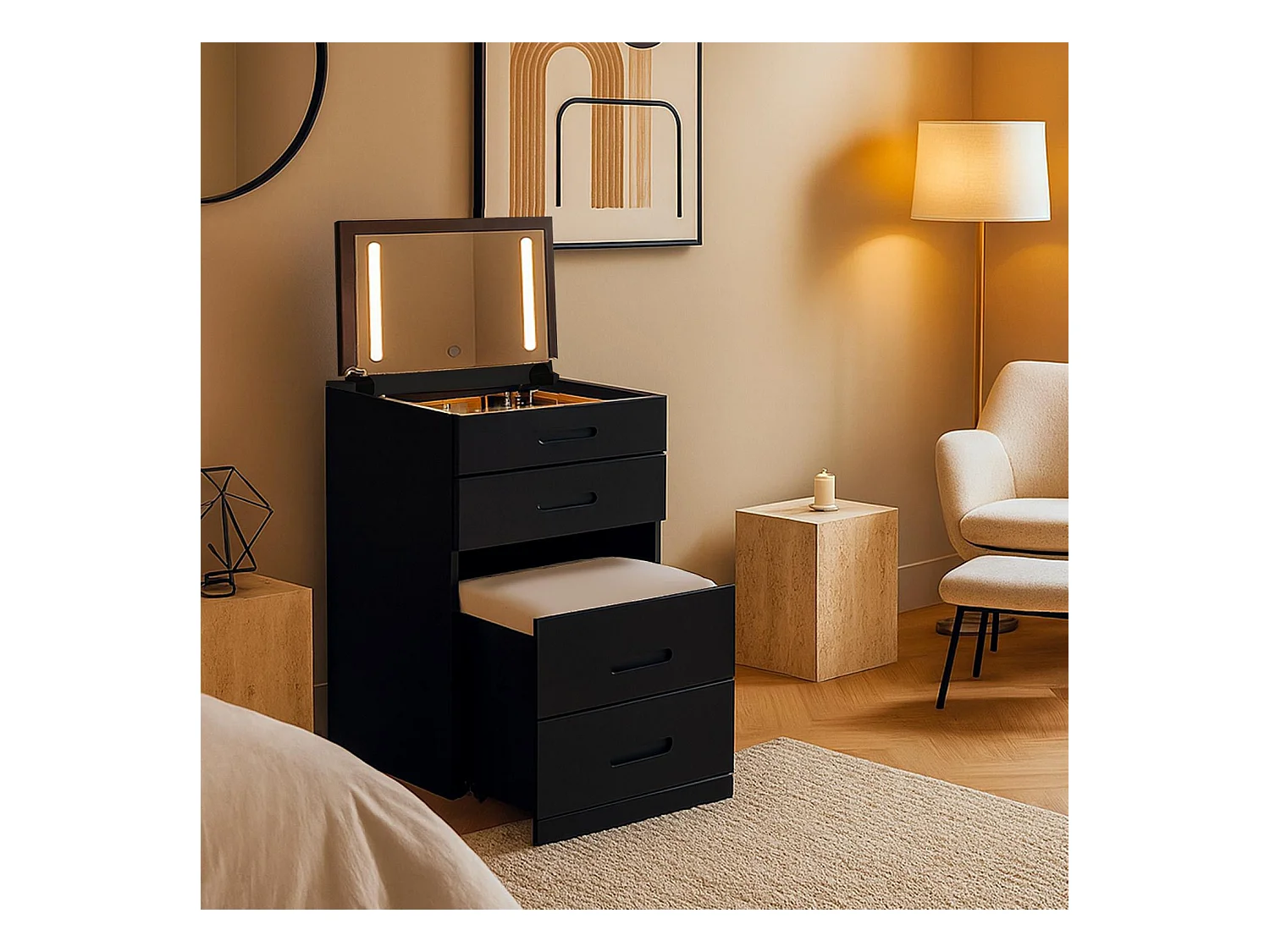 Coiffeuse compacte 48cm avec miroir LED, tiroir et pouf intégré Germina Noir