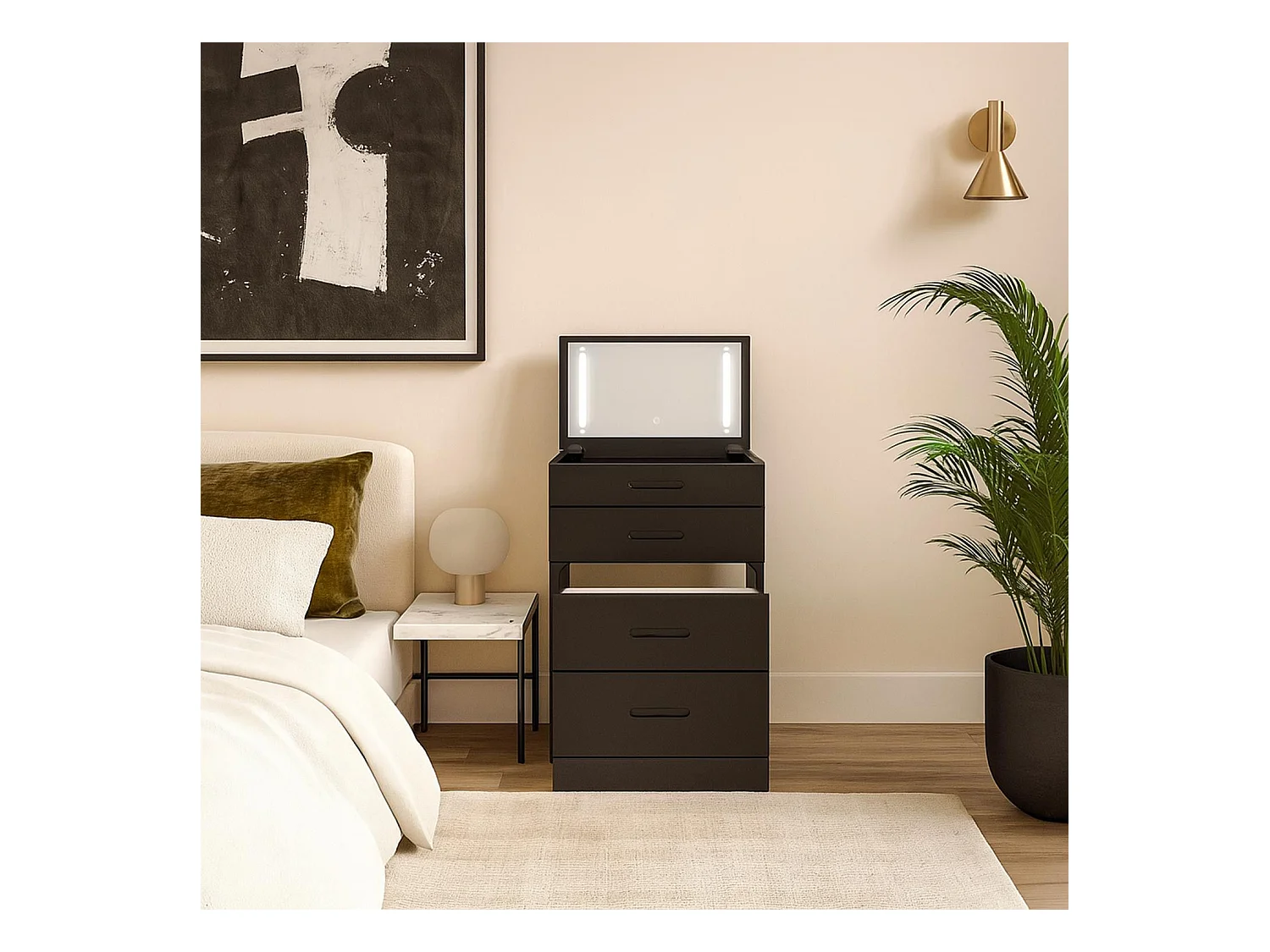 Coiffeuse compacte 48cm avec miroir LED, tiroir et pouf intégré Germina Noir