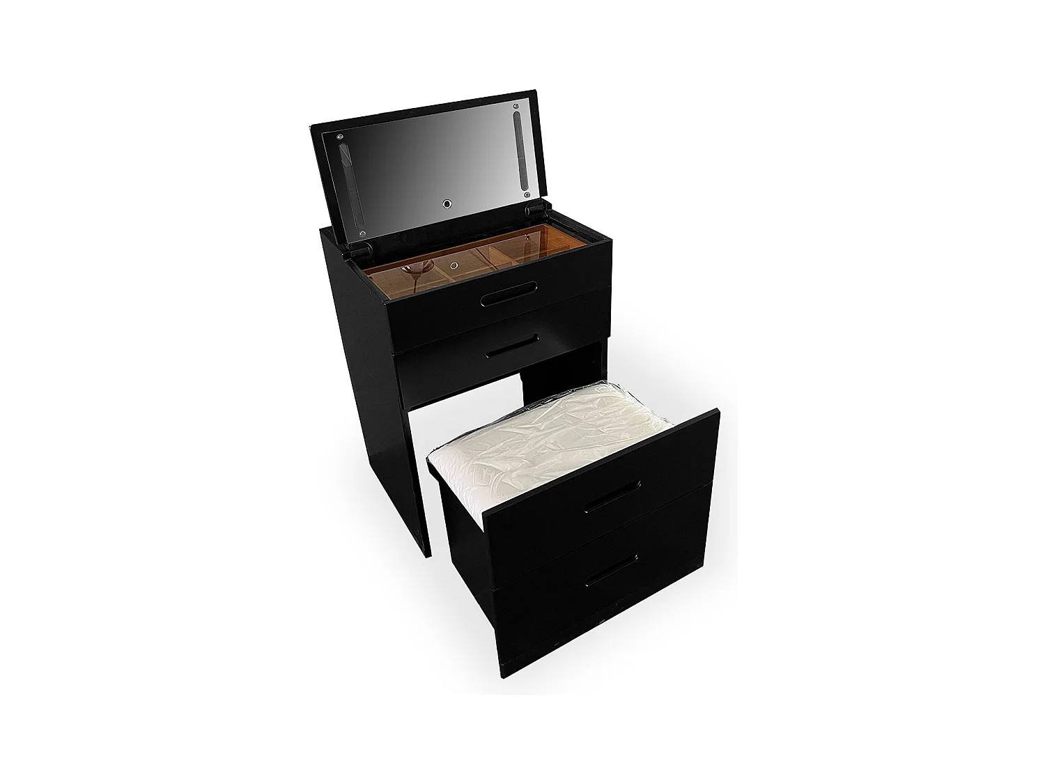 Coiffeuse compacte 48cm avec miroir LED, tiroir et pouf intégré Germina Noir