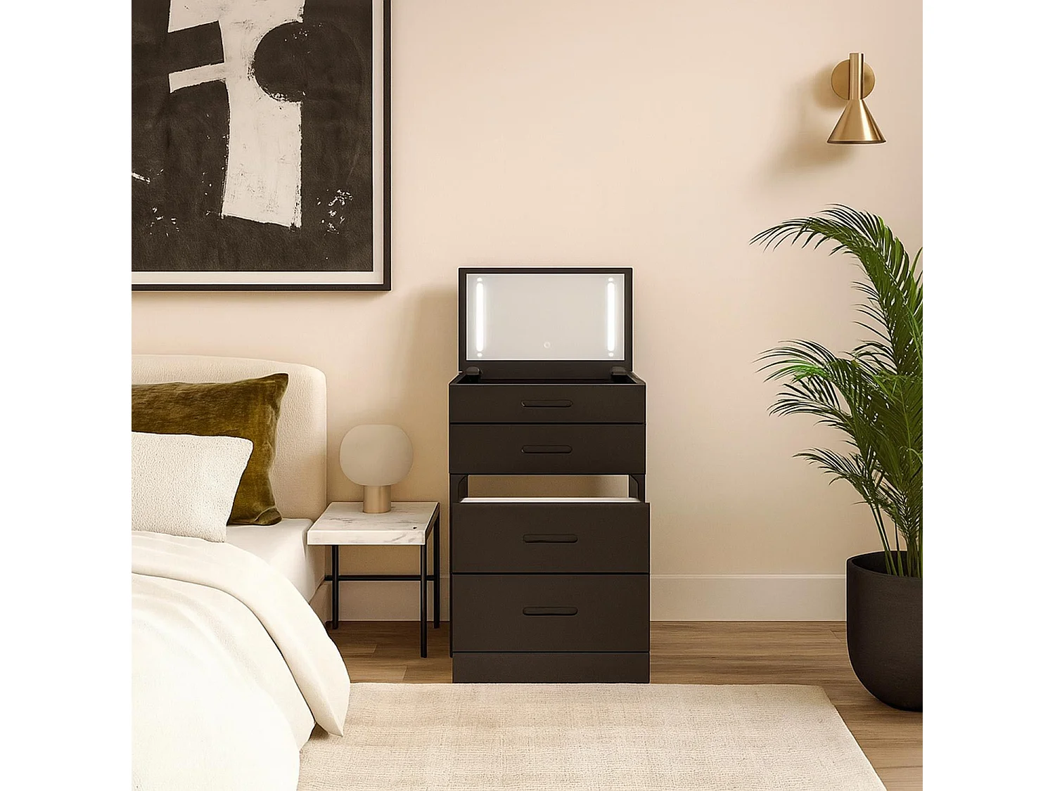 Coiffeuse compacte 48cm avec miroir LED, tiroir et pouf intégré Germina Noir