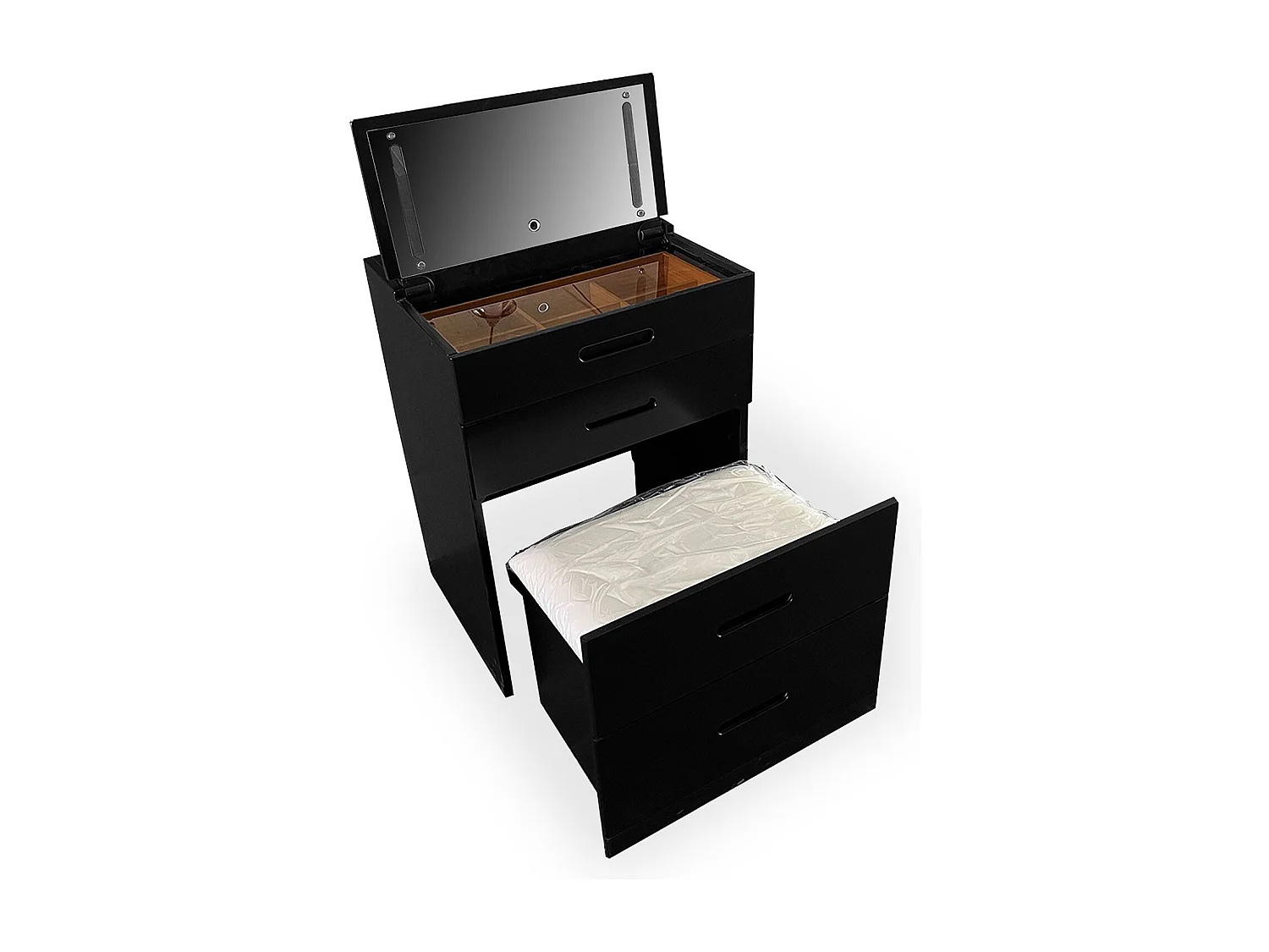 Coiffeuse compacte 48cm avec miroir LED, tiroir et pouf intégré Germina Noir