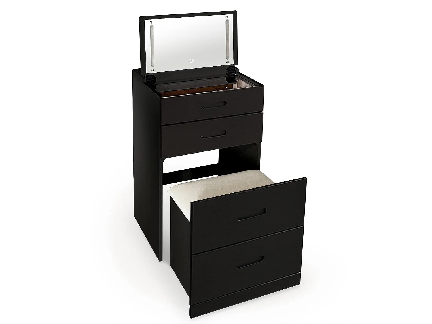 Coiffeuse compacte 48cm avec miroir LED, tiroir et pouf intégré Germina Noir