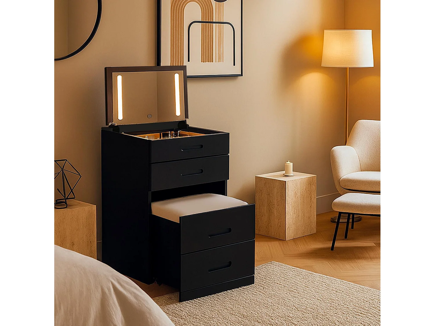 Coiffeuse compacte 48cm avec miroir LED, tiroir et pouf intégré Germina Noir