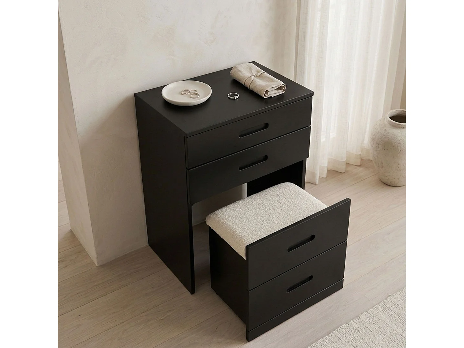 Coiffeuse compacte 48cm avec miroir LED, tiroir et pouf intégré Germina Noir