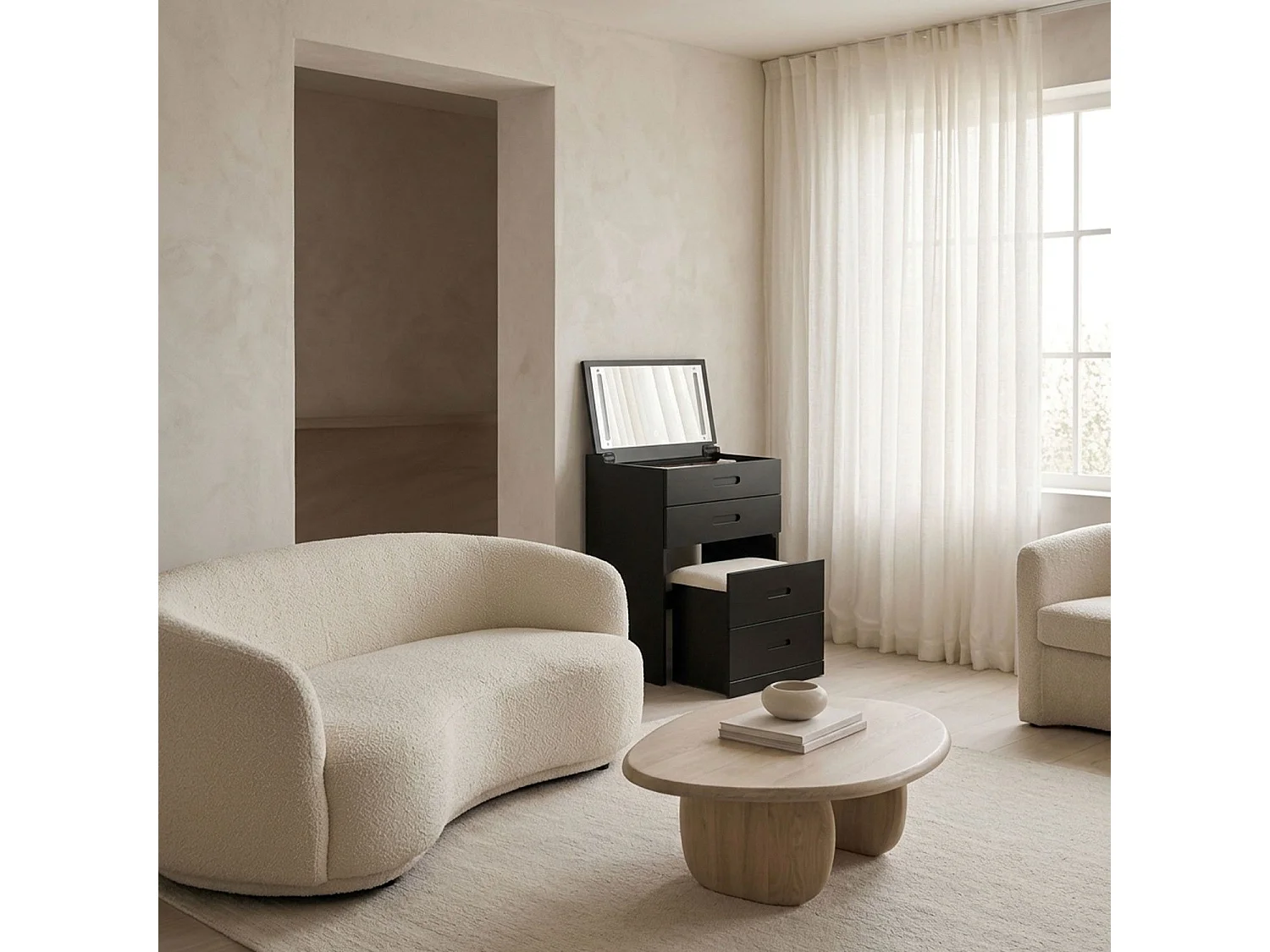 Coiffeuse compacte 48cm avec miroir LED, tiroir et pouf intégré Germina Noir